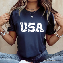 USA Block Letters T-Shirt,Patriotic Tee for Independence Day: Navy / M
