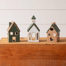 Ceramic Houses And Church, Sage, Tan, And White