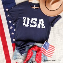 USA Block Letters T-Shirt,Patriotic Tee for Independence Day: Navy / L
