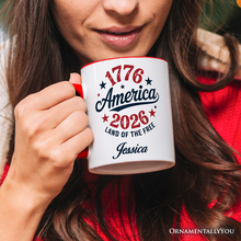 Patriotic America 1776-2026 Land of the Free Personalized Mug, 250 Year Independence Day Celebration Gift with Custom Name: White - Red / Non-Custom