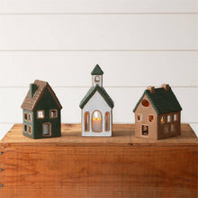 Ceramic Houses And Church, Sage, Tan, And White