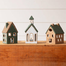 Ceramic Houses And Church, Sage, Tan, And White