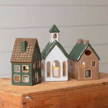 Ceramic Houses And Church, Sage, Tan, And White
