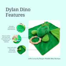 Penguin Waddle Baby Boutique - Dylan Dino Plush Toy with Teether: Dinosaur Lovey, Shower Gift, Security Blanket for Babies