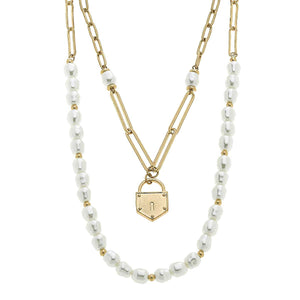 Kaiya Layered Pearls & Padlock Necklace in Worn Gold