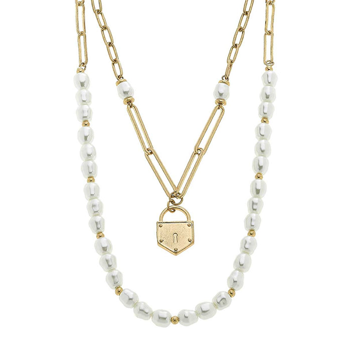 Kaiya Layered Pearls & Padlock Necklace in Worn Gold