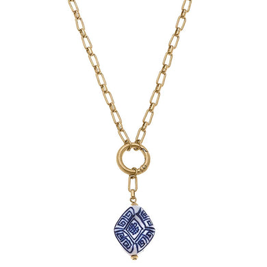 Madeline Chinoiserie Spring Ring Necklace in Blue & White