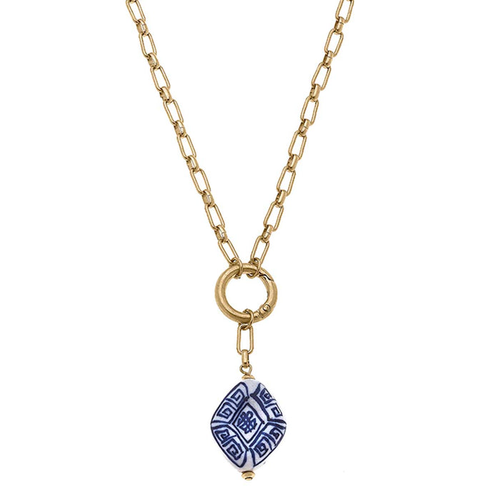 Madeline Chinoiserie Spring Ring Necklace in Blue & White