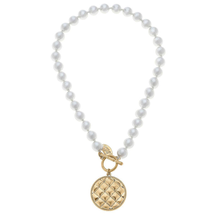 Enid Quilted Metal Pendant T-Bar Pearl Necklace in Ivory