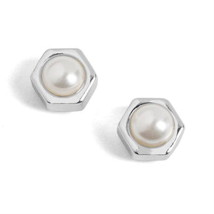 Whispers - Silver Hexagon Pearl Stud