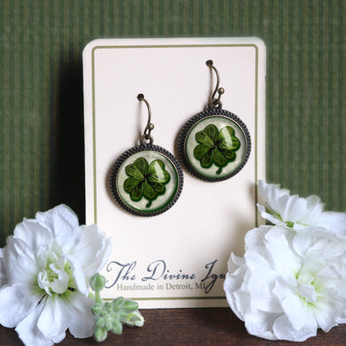 Shamrock or Four Leafed Clover Irish Earrings in Plain Bezel