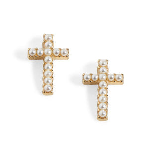 Whispers - Small Cross w/ Pearls Stud Earrings - Gold