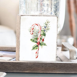 Watercolor Candy Cane Decorative Wooden Block